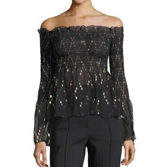 A.L.C. Agra Black Gold Metallic off Shoulder Blouse sheer size 4 - Picture 1 of 9